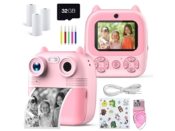 Cámara Instantánea Para Niños Lente Dual De 48 Mp Impresión Térmica Pantalla Ips De 28 Pulgadas Tarjeta De 32 Gb  Rosa DIGITALLAB