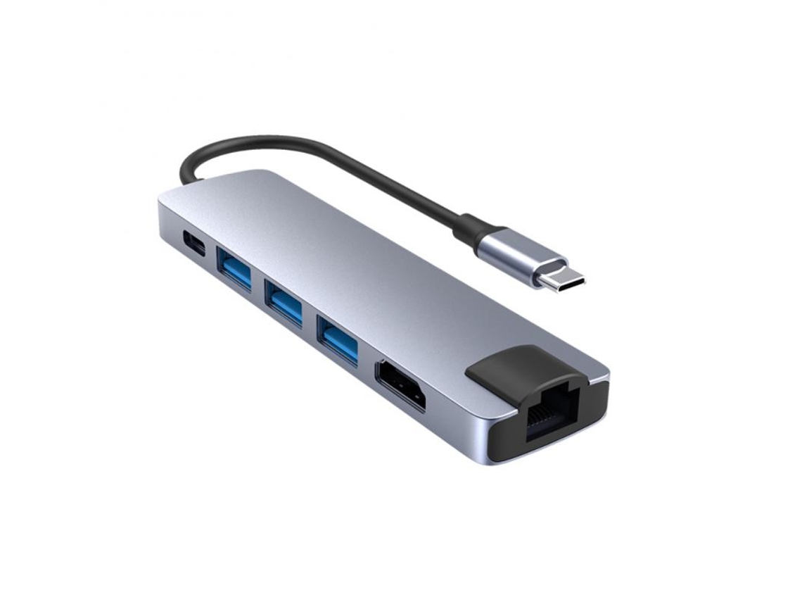 Estación de fondeo YIZHOOD Tipo-c 6 en 1 Transferencia de datos multifunción Rj45 5gbps para Macbook Air Laptop Usb-c Hub gris