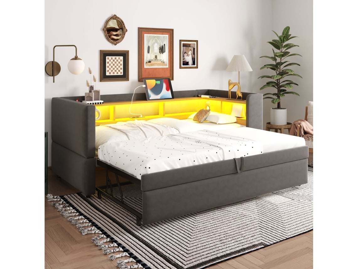 Sofá Cama Extensible De 90/180x190 Cm Con Iluminación Led, Tomas De Corriente Y Espacio De Almacenamiento, En Terciopelo Gris Oscuro.