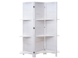 Biombo de 3 paneles con estantes, 170x125cm, estilo shabby chic, madera blanca, 04_0003952