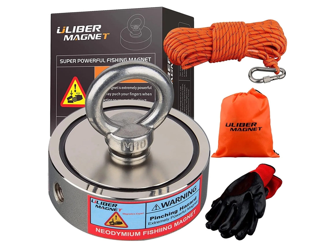 Kit de pesca magnético, fuerza de arrastre de 500 kg, imanes de neodimio, cuerda de 250 kg x 2, fuerza de tracción vertical OEM