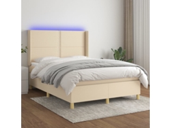 Cama Box Spring Colchón Y Luces Led Tela Crema 140x190 Cm
