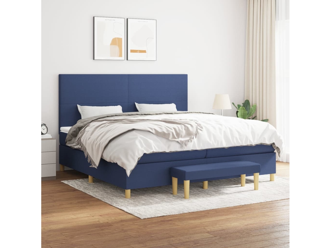 Cama Box Spring Con Colchón Tela Azul 200x200 Cm