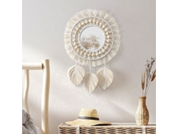 Espejo De Pared Circular De Estilo Bohemio Con Flecos De Macramé, Perlas De Madera Y Colgante De Pluma.