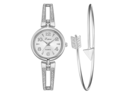 Reloj De Cuarzo Para Mujer Con Brazalete De Aleación Y Cristales De Imitación De Diamantes, Color Blanco Plateado.