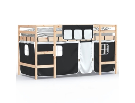 Cama alta niños VIDAXL con cortinas madera pino blanco negro (90x190 cm)