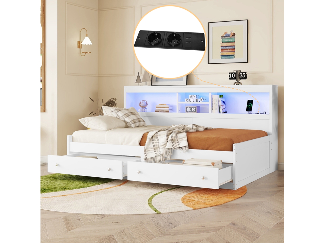 Daybett, 90 x 200 cm, sofá cama, mesita de noche, cama con 2 puertos USB y 2 enchufes, iluminación, ambiente, cama con dos cajones, cama con