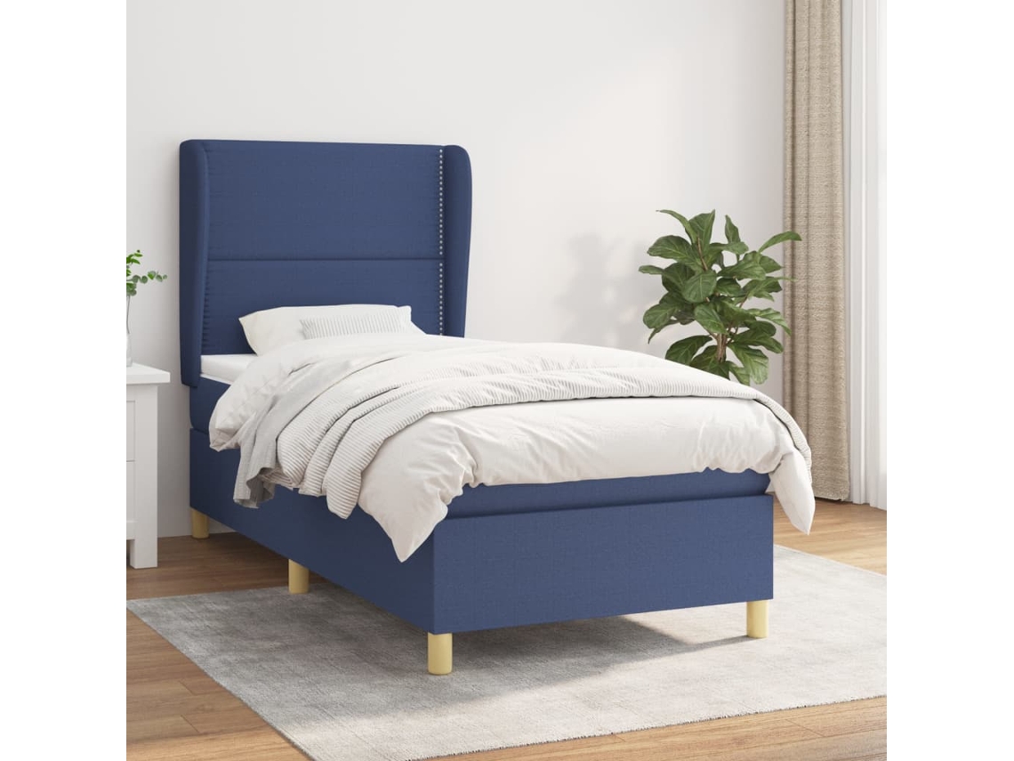 Cama Box Spring Con Colchón Tela Azul 100x200 Cm