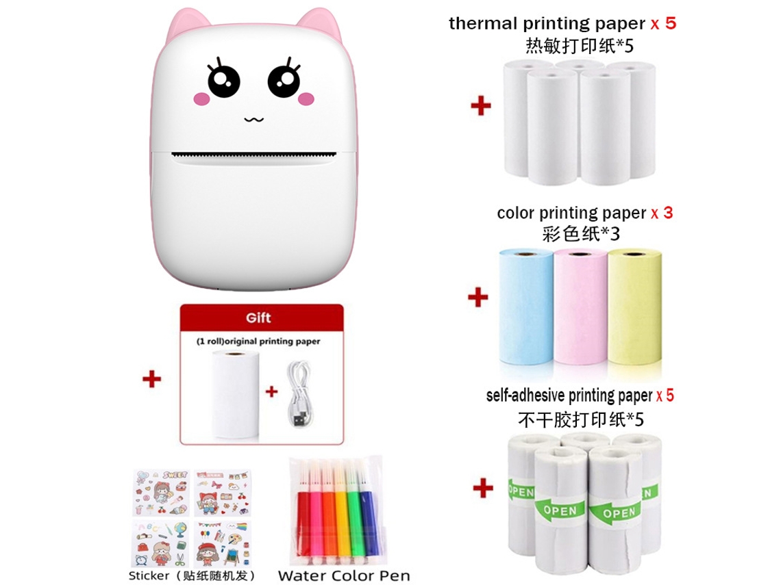 Impresora Térmica Inalámbrica De 203 Ppp. Impresión Sin Tinta Con 14 Rollos De Papel De Impresión, Bolígrafo De Acuarela Y Pegatinas, Color Rosa. GERTIZ