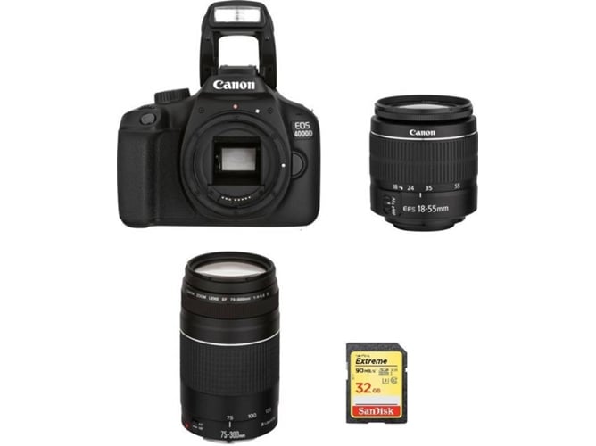 Kit Cámara Réflex CANON EOS 4000D KIT EF-S 18-55 MM F3.5-5.6 III + EF 75-300 MM F4-5.6 III + 32 GB SD