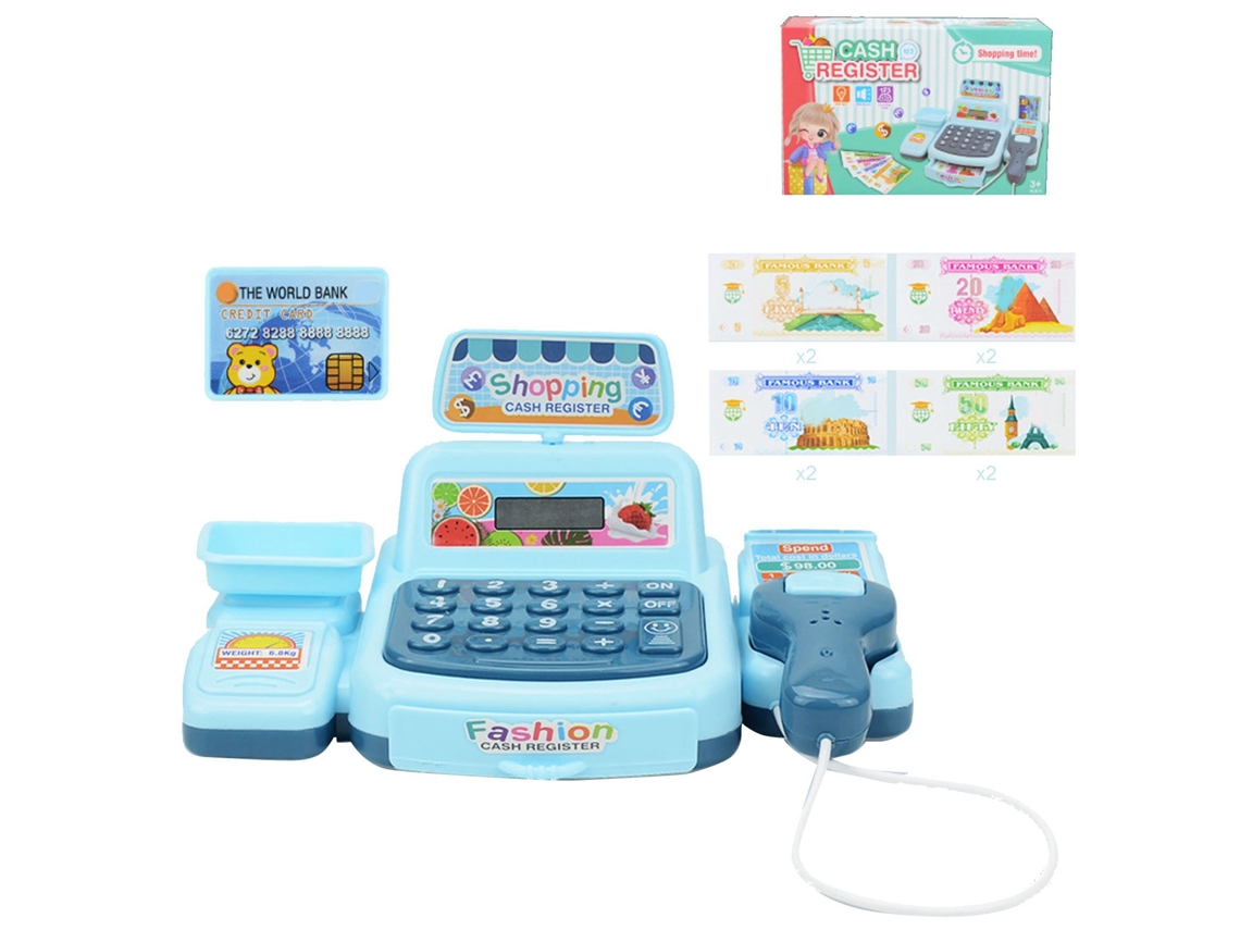 Caja registradora de juguete 2026 para niños, mini supermercado de juguete para juegos de imitación, color azul.