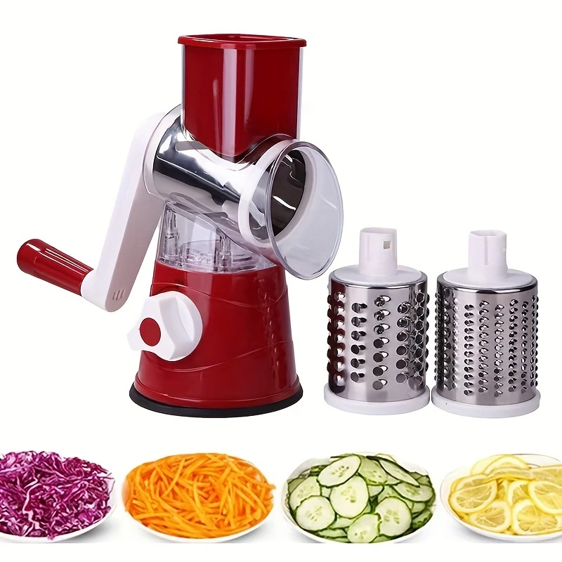 Rallador de mesa manual multifuncional 3 en 1 de plástico para patatas y verduras. Preparación sencilla en la cocina. Color rojo.