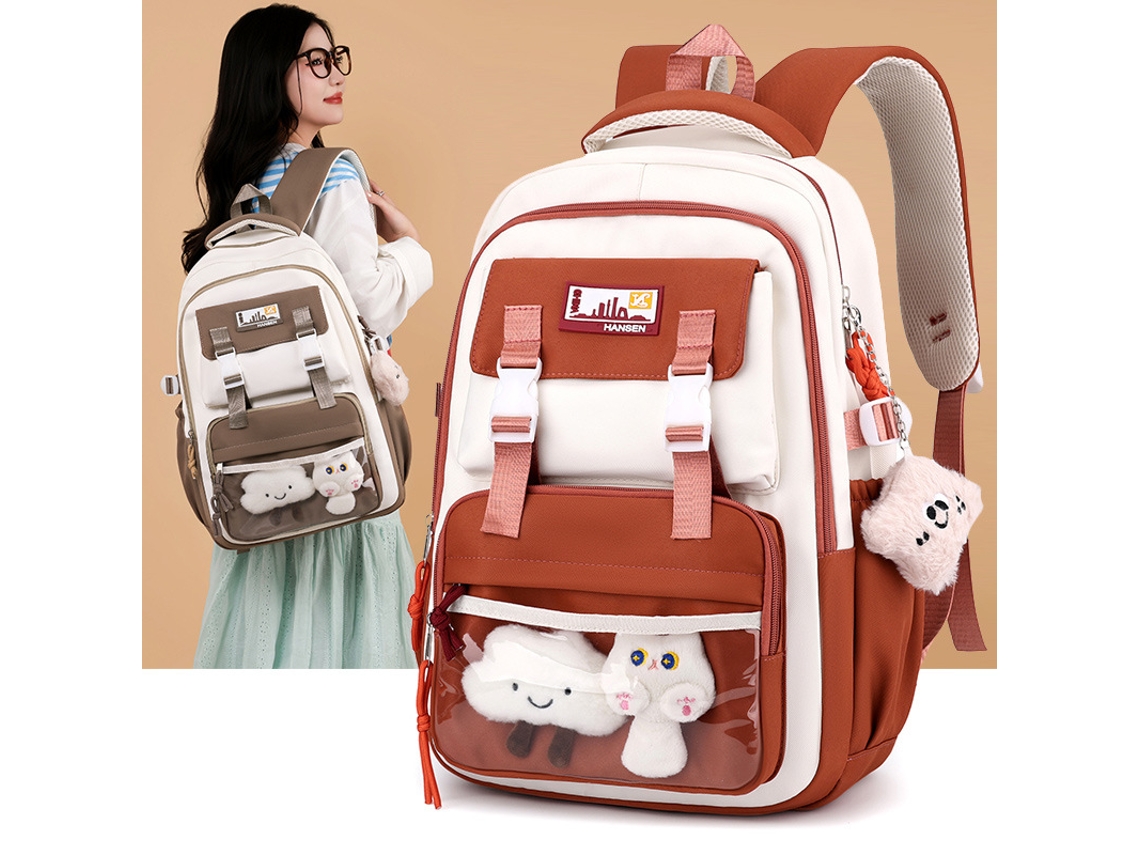 Mochila estudiantil de cuatro piezas de gran capacidad, modelo 2025, color morado con colgante, 30*14*47