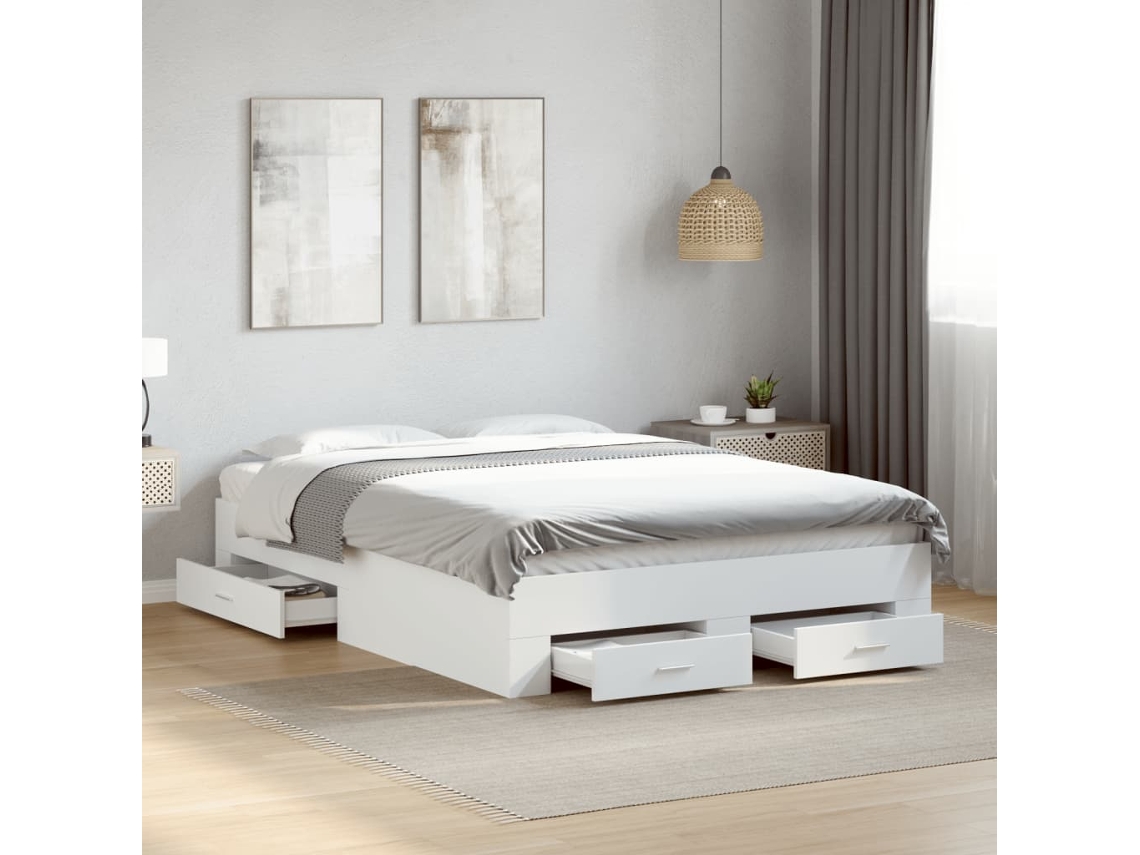 Cama Con Cajones Madera De Ingeniería Blanco 135x190 Cm