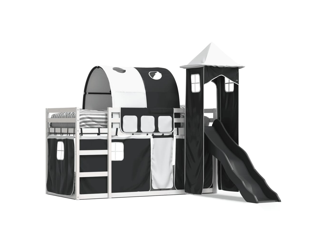 Litera con tobogán y cortinas 90x190 cm Dkd blanco y negro Home Decor