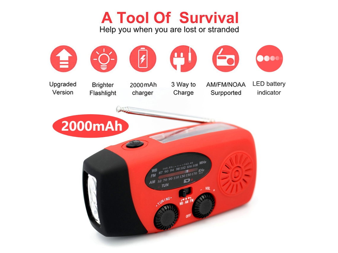 Generador solar de emergencia con manivela, radio portátil AM/FM/NOAA, linterna LED, alarma SOS y batería externa de 2000/5000/10000 mAh. Viewleaf