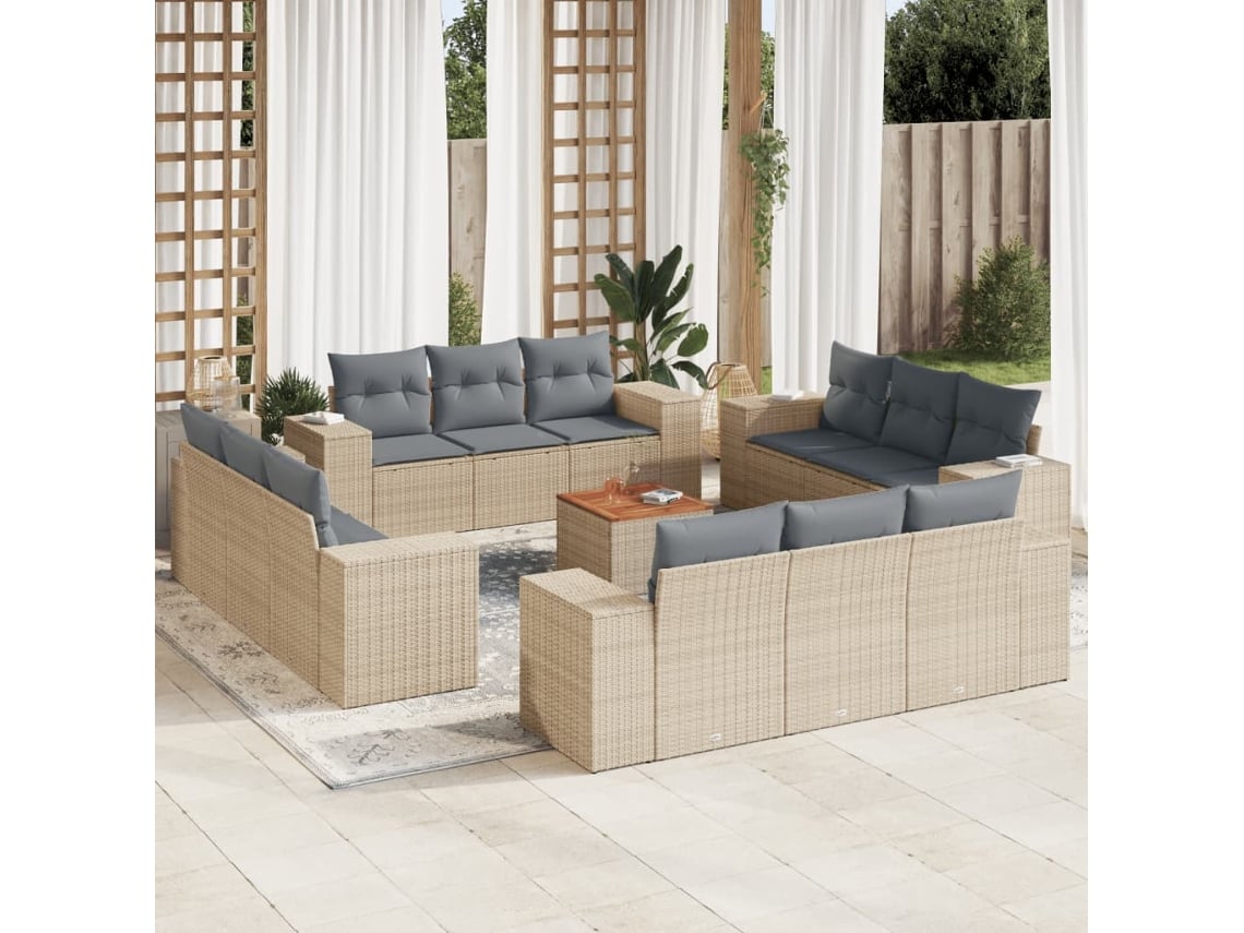Conjunto de sofá de jardín de 13 piezas con cojines, mimbre sintético beige, Dkd Home Decor