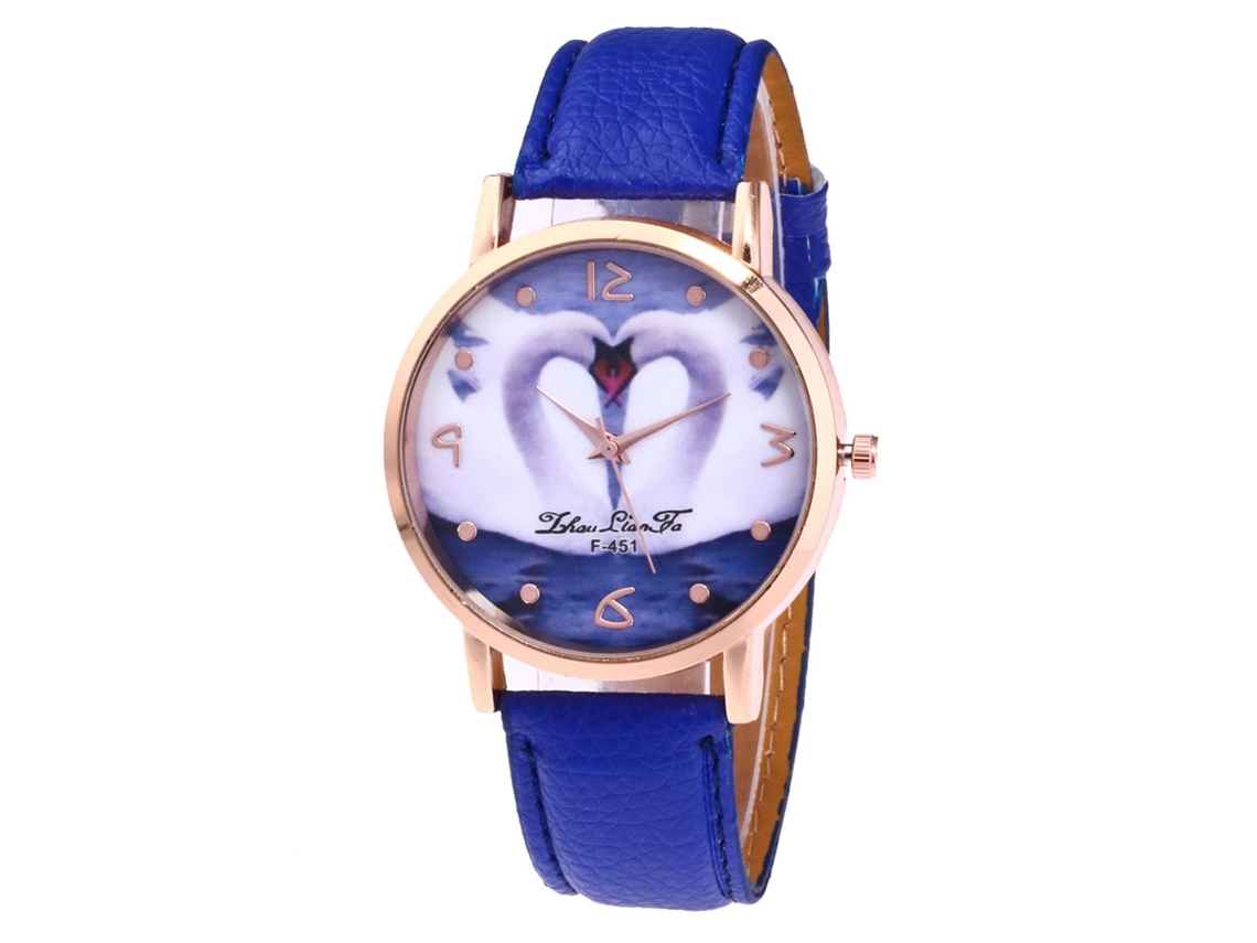 Reloj De Pulsera Para Estudiantes Con Correa De Pu Con Estampado De Corazón De Cisne Y Movimiento De Cuarzo Azul.
