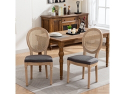 Juego de 2 sillas de comedor estilo francés, madera maciza, respaldo de ratán y lino, color gris, Mobrio
