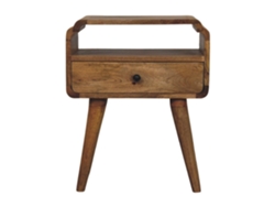 Mesita de noche Newton de madera maciza de roble, 1 cajón y estante abierto, marrón claro, muebles artesanales