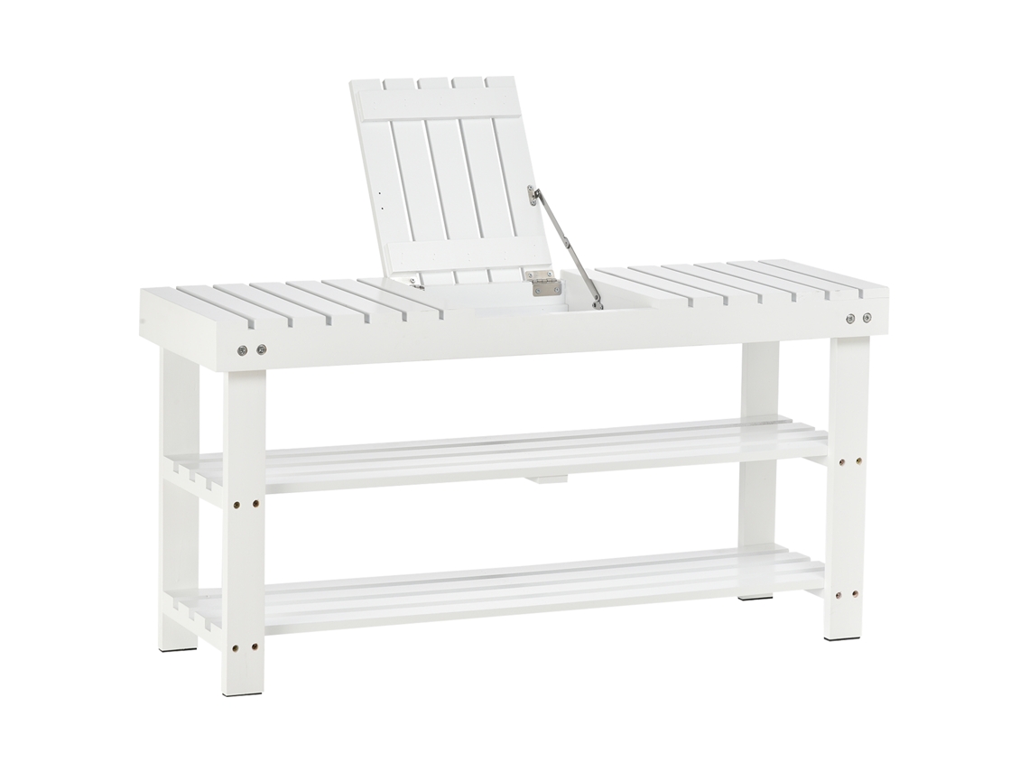 Banco zapatero de madera con tres niveles, estante de almacenamiento y compartimento oculto, 90 x 29 x 45 cm, blanco.