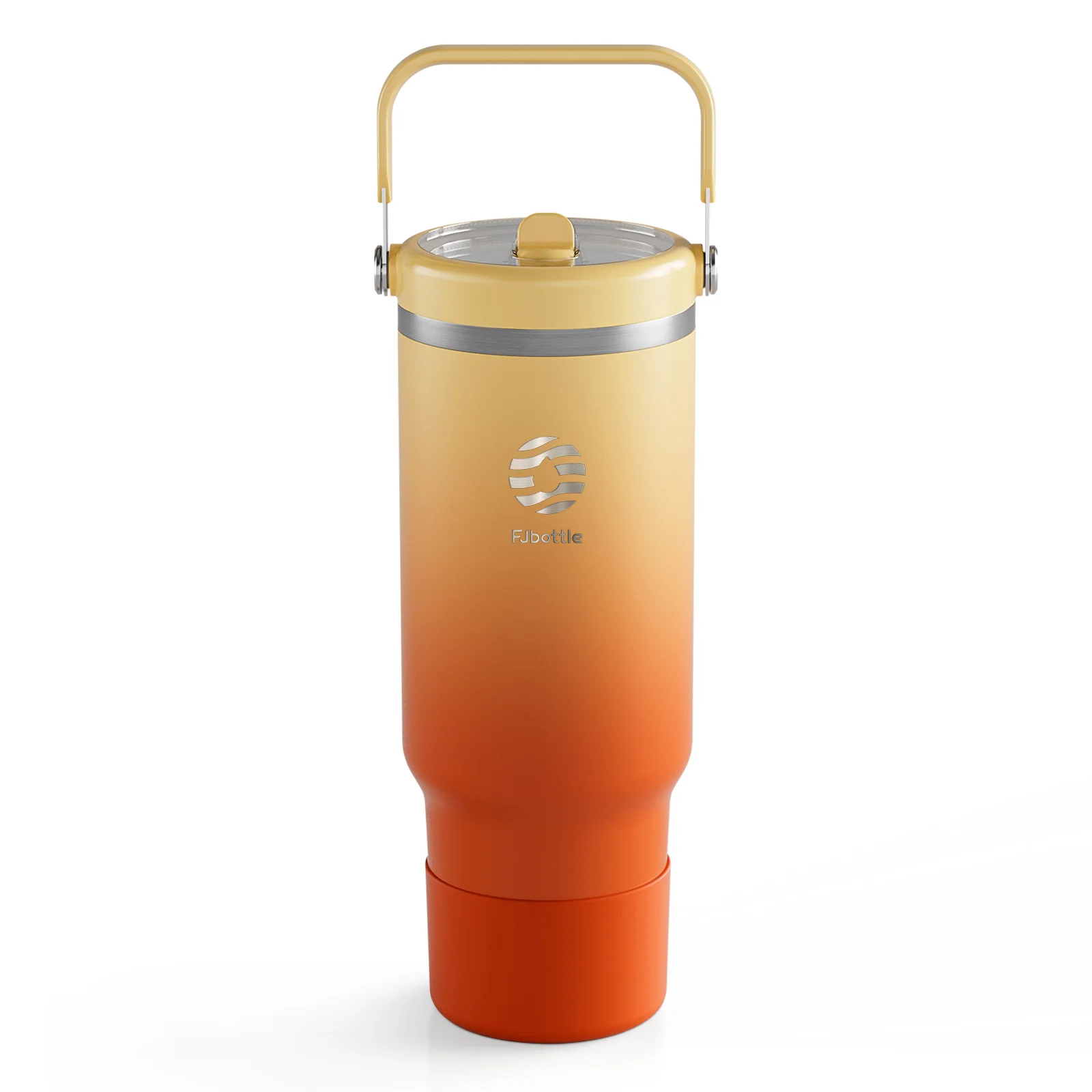 Taza de café con aislamiento al vacío (naranja, 1200 ml) con tapa y pajita, fabricada en acero inoxidable, con asa, ideal para viajes y para usar en el coche.