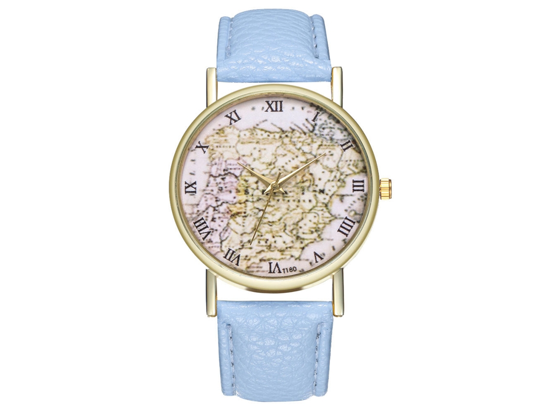 Reloj De Cuero Pu Unisex Patrón Mapa Reloj De Cuarzo Azul Claro Zhoulianfa