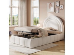 Cama Infantil/adulto Con Espacio De Almacenamiento, 90x200 Cm, Cabecero Acolchado, Color Beige.