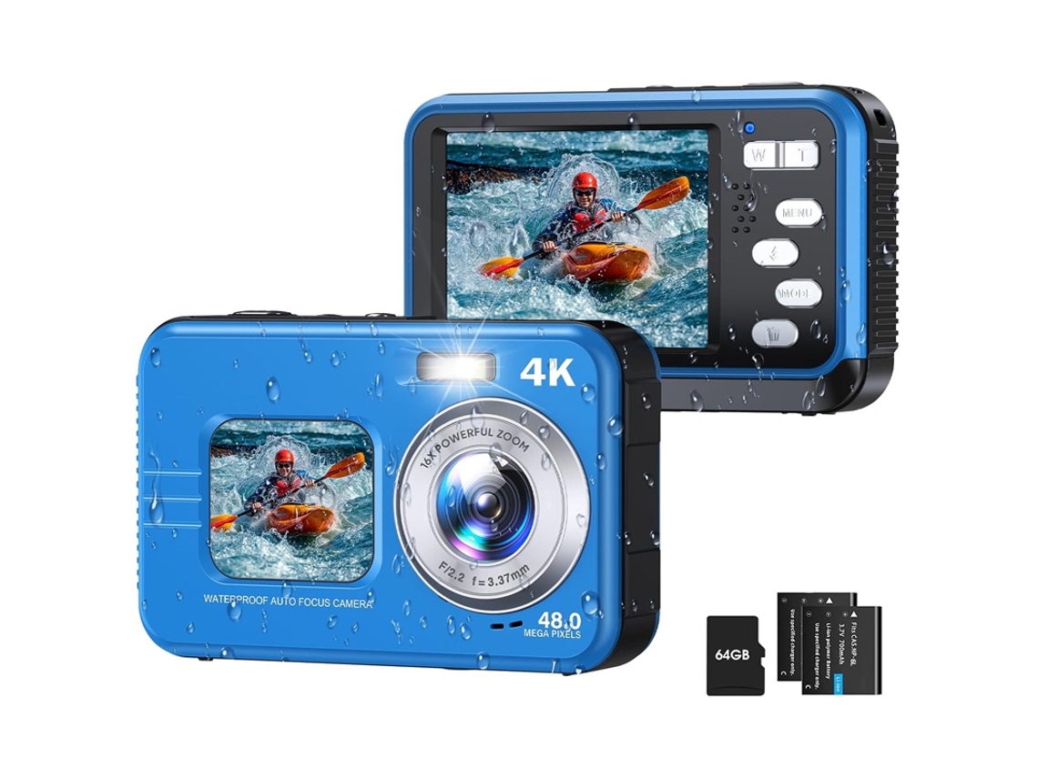 Cámara Sumergible 4k, Doble Pantalla, 48 Mp, Selfie Subacuática Hasta 3,35 M (azul)