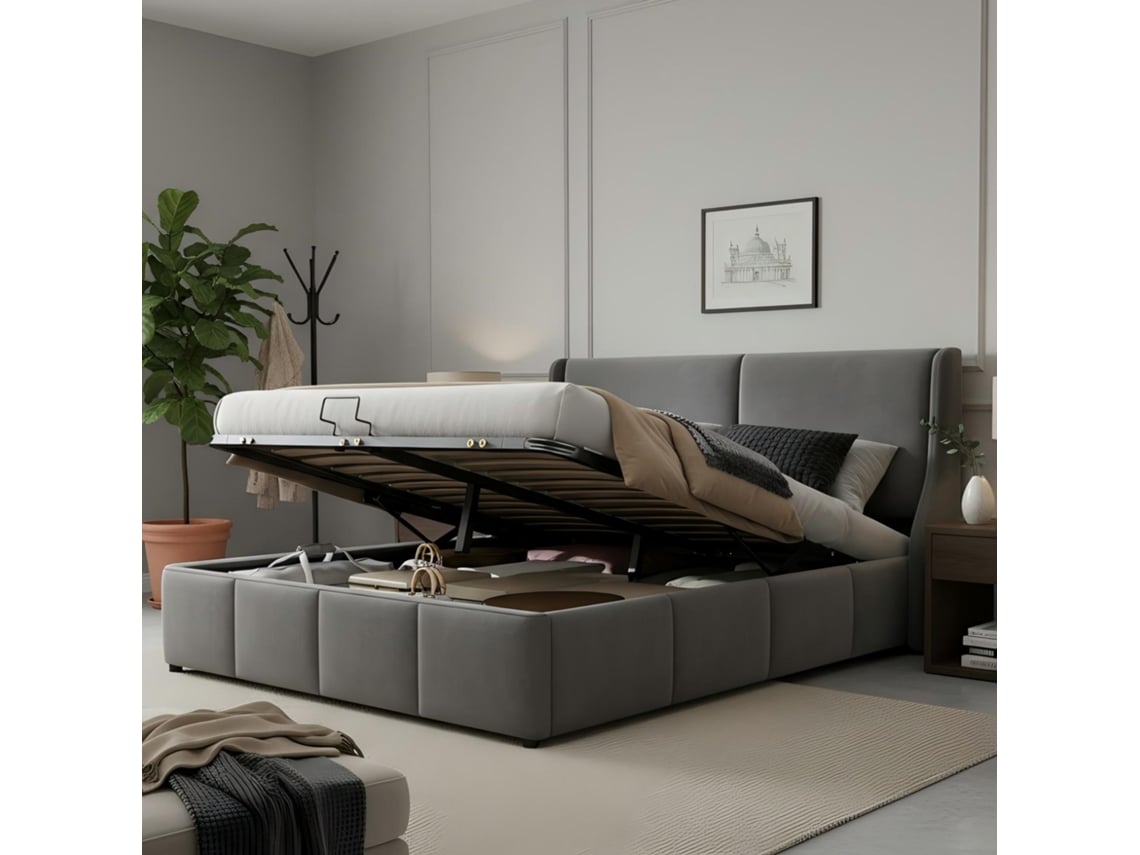 Cama Tapizada De 160x200 Cm, Cabecero Con Cojines Laterales, Cama Con Almacenamiento Hidráulico, Color Gris.