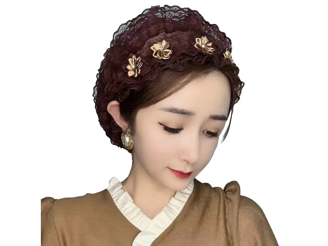 Elegante Turbante De Encaje Para Mujer Con 5 Flores, Ligero, Color Caqui Oscuro, Ideal Para El Verano.