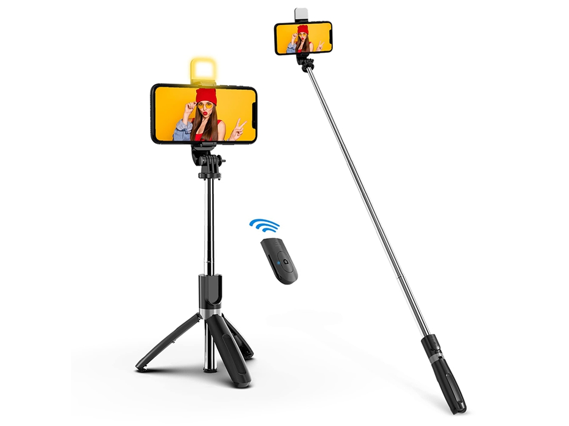 (Negro) Trípode para selfies 3 en 1 con Bluetooth, luz de relleno y soporte plegable.