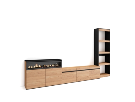Muebles de Salón para TV 310x186x35cm Para TV hasta 65 Chimenea eléctrica Roble y negro
