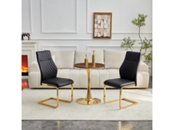 Conjunto De Mesa De Madera De Nogal (60 Cm) Con Patas Doradas Y 2 Sillas Negras Con Detalles De Diamantes Dorados.