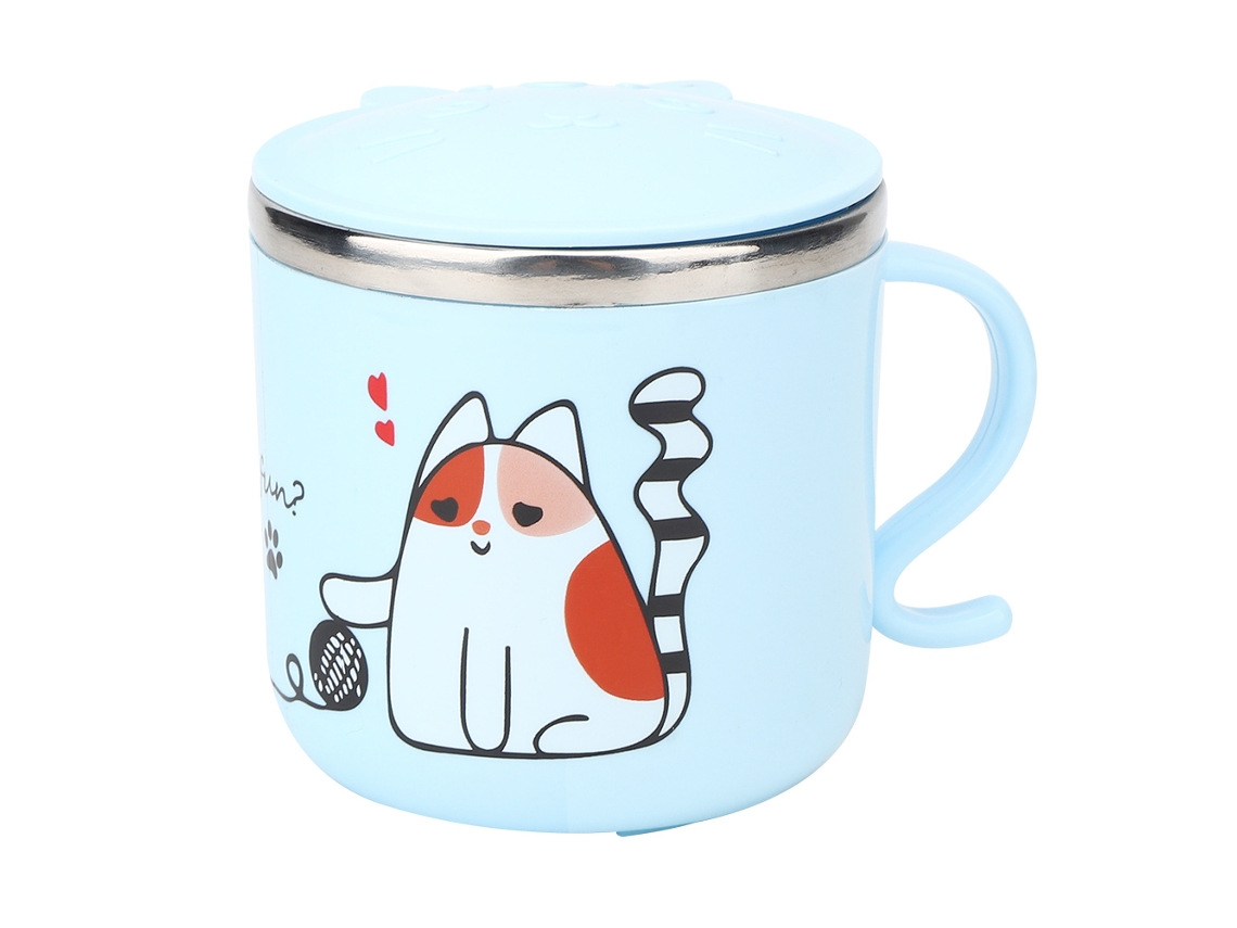 Taza infantil de acero inoxidable con dibujos animados de 270 ml, azul, con tapa KOFIHETY