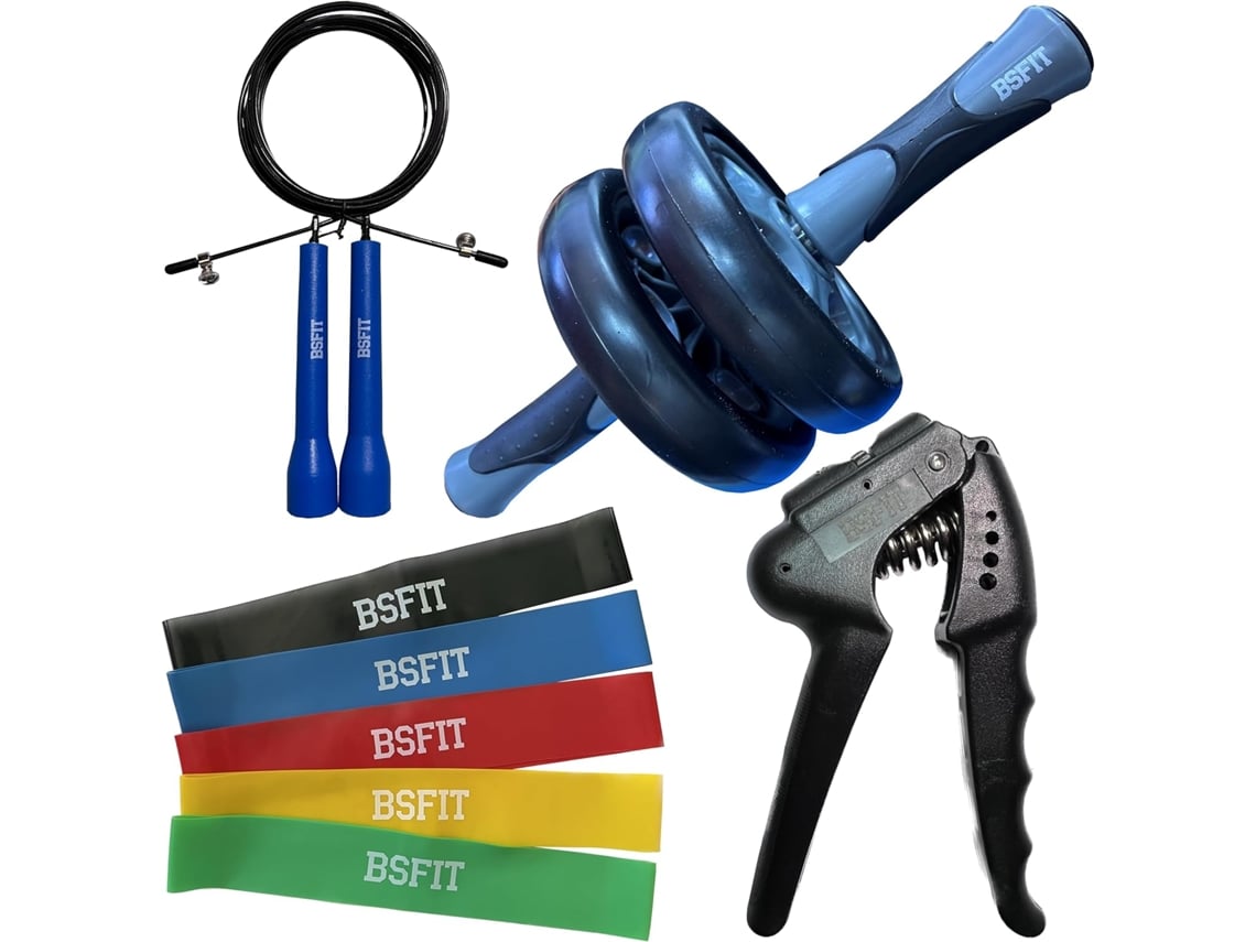 Kit Rueda Abdominal, Comba, Hand Grip, Set Bandas Resistencia Bsfit