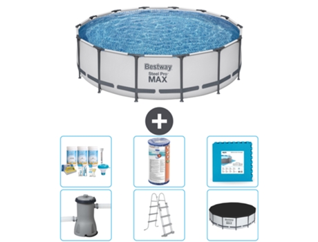 Piscina BESTWAY Round Steel Pro MAX - 427 x 107 cm - Gris - Bomba incluida - Escalera - Cobertor Paquete de mantenimiento - Filtrar - Baldosas