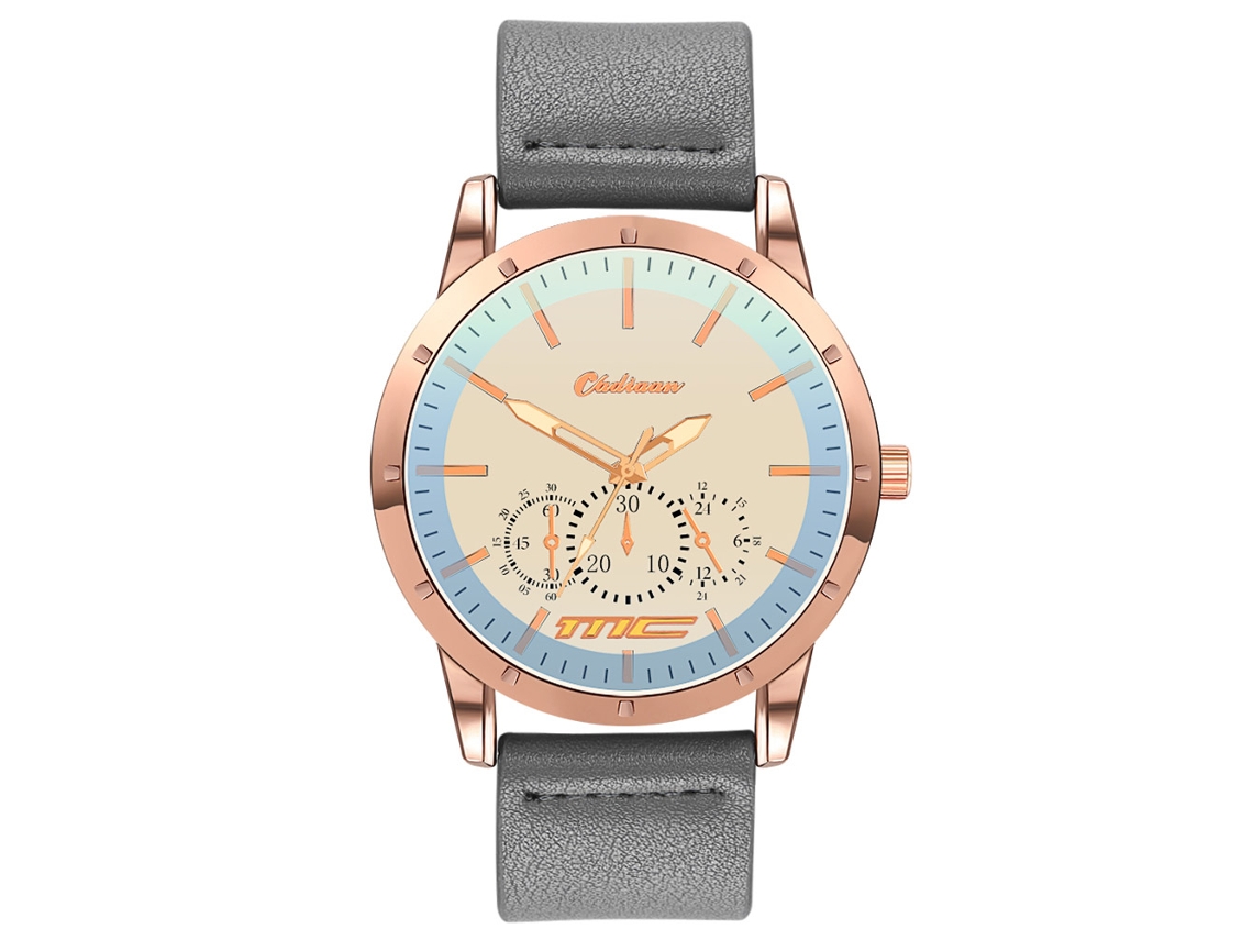 Reloj Hombre De Cuarzo Con Correa De Cuero Pu Moda Dial De Tres Ojos (oro Rosa Gris)