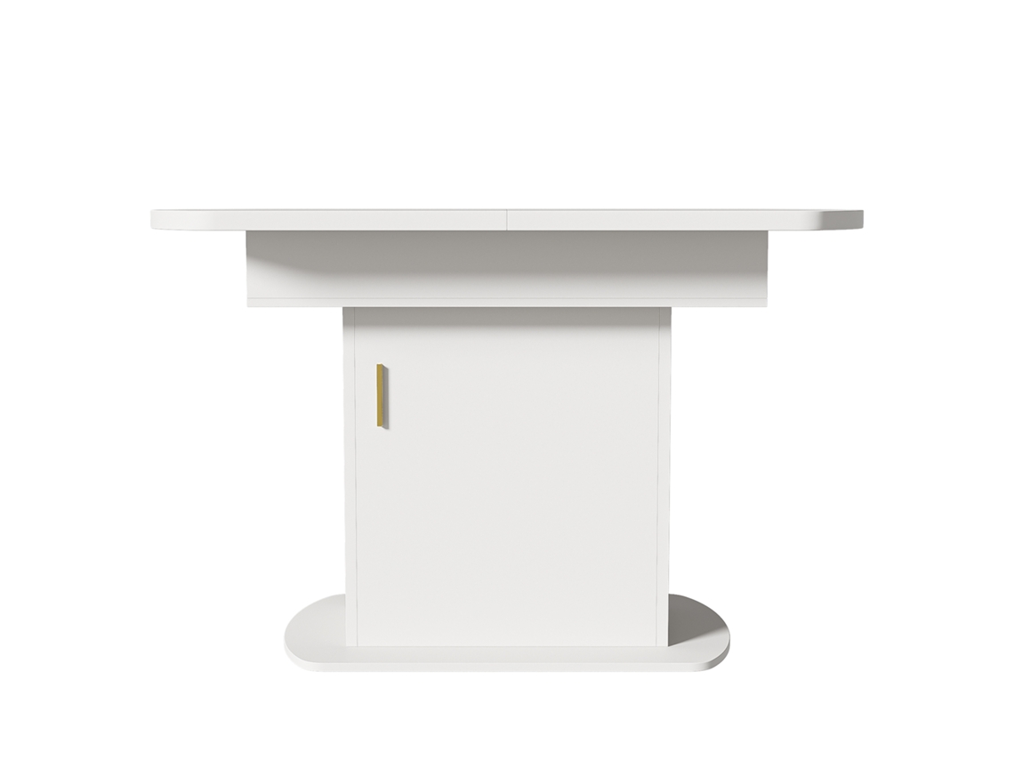 Mesa de comedor retráctil ovalada blanca Mobrio con espacio de almacenamiento y asa dorada