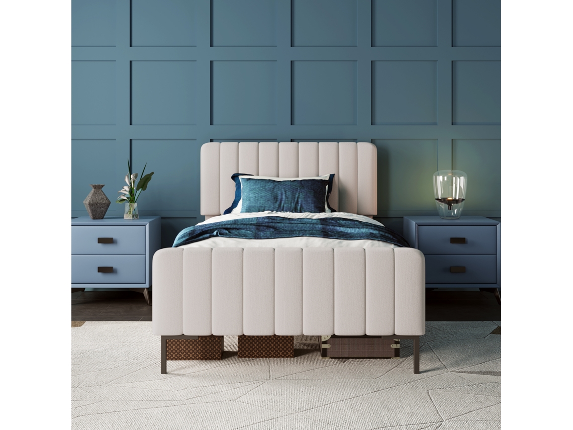 Cama Adulto Tapizada en Tela de Lino 90x200 Cm con Cabecero Ajustable y Somier de Láminas Estilo Gris Claro
