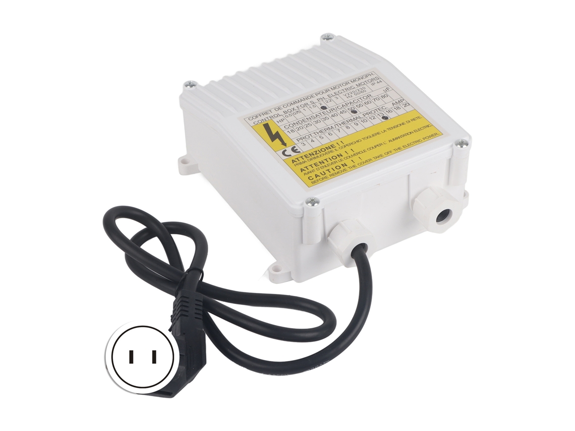Caixa de controle para bomba submersível com proteção térmica, 1,5 kW (2 hp), plugue 110 V (padrão americano), para uso doméstico.