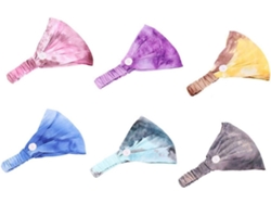 Conjunto de 6 diademas anchas con estampado tie-dye, de algodón suave, versátiles para la práctica deportiva, con botones para ajustarlas a las orejas.