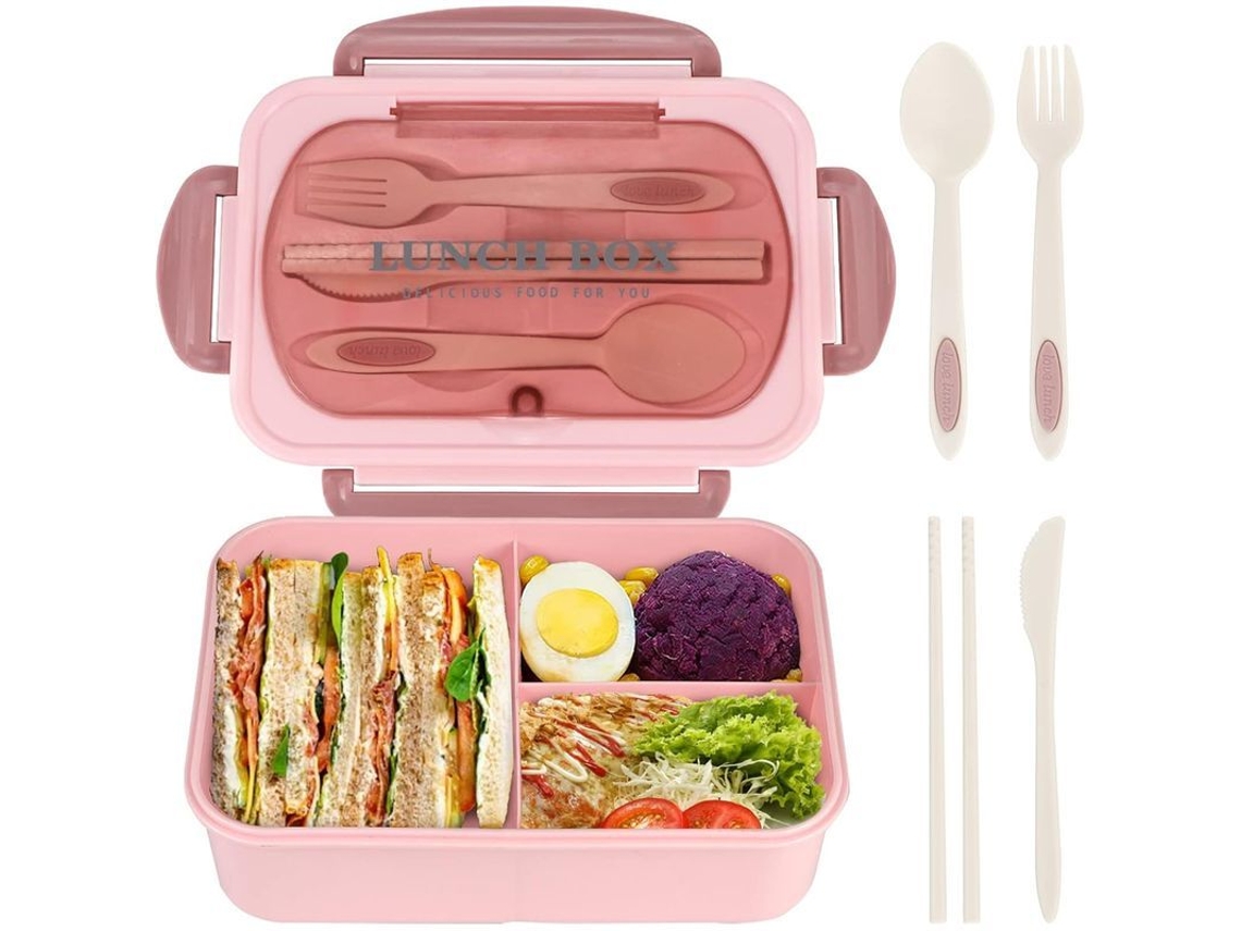 Bento Box Adulto Con Cubiertos, Airtight, 3 Compartimentos, Bpa Free, Microondas Y Lavavajillas Seguro Rosa
