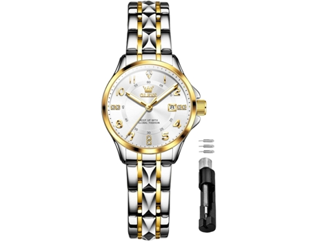 VEANXIN Reloj mecánico automático para mujer con diamantes en oro, acero inoxidable clásico de dos tonos(Cara Blanca Dorada Plata)