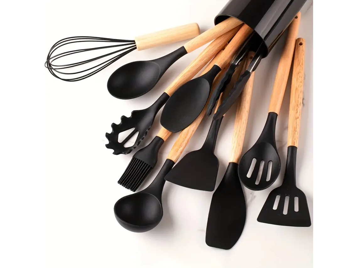 Juego de utensilios de cocina de silicona resistente al calor (negro) (12 piezas), con mangos de madera.