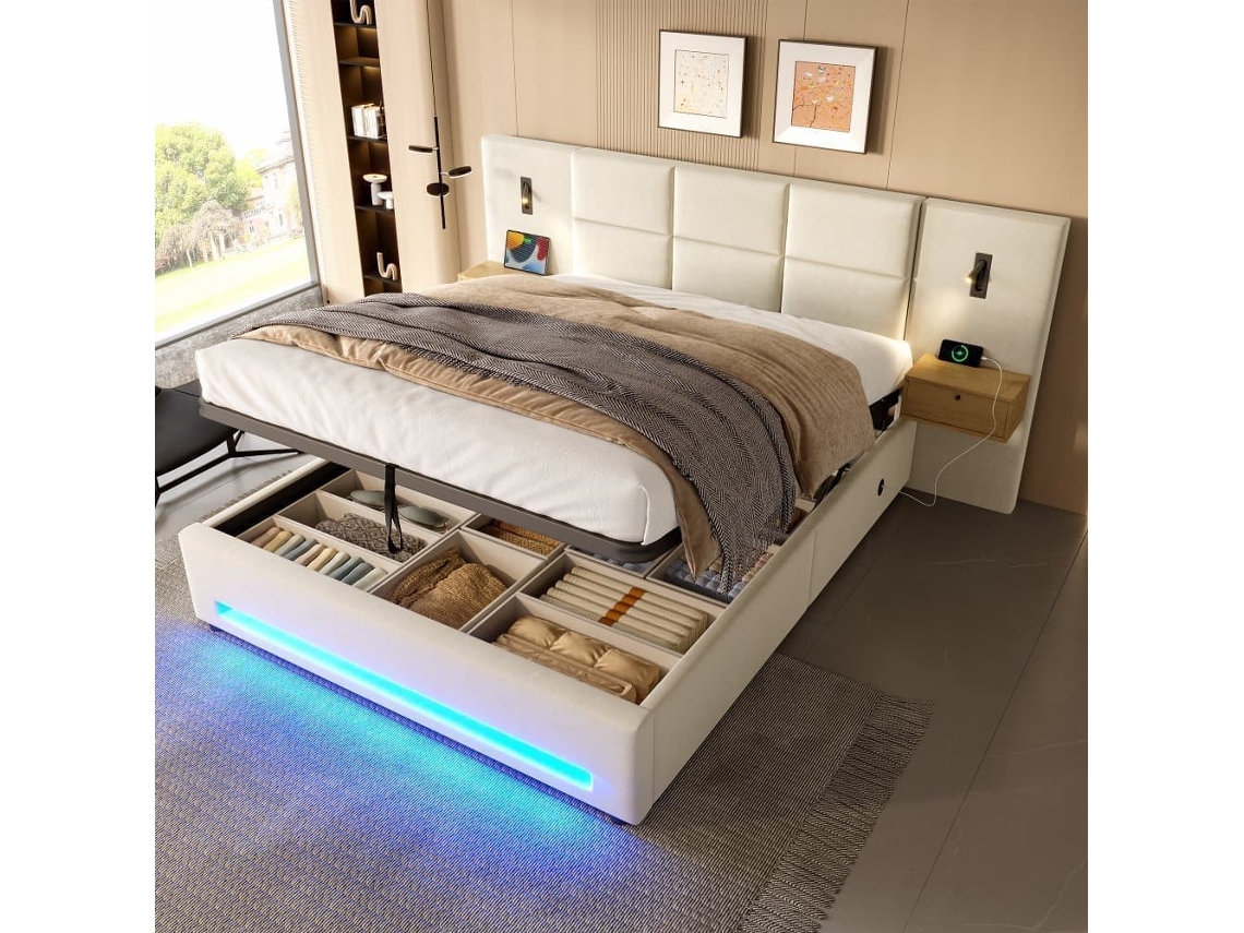 Cama Tapizada Europea 180x200cm - Cabecera De Terciopelo Beige, Cajones De Almacenamiento, Luz Led, Puertos Usb-c, Almacenamiento Hidráulico, Estructura Metálica