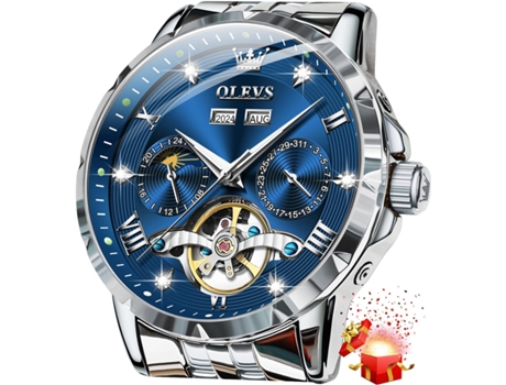 VEANXIN Reloj automático de fase lunar de acero inoxidable Tourbillon hueco con diamantes para hombre(azul)