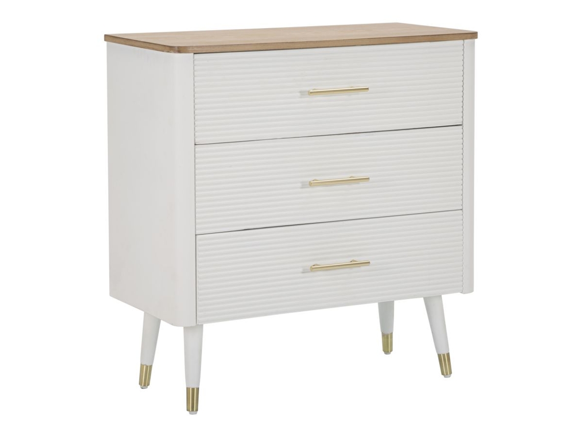 Cómoda Matera 78x37x80 Cm - Cajonera De Madera Blanca Y Marrón Con 3 Cajones Y Patas Doradas - Estilo Boho Chic