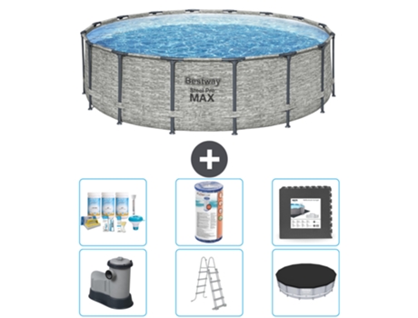Piscina BESTWAY Round Steel Pro MAX - Estampado Piedra - 488 x 122 cm - Incluida Bomba - Escalera - Cobertor Accesorios CB31