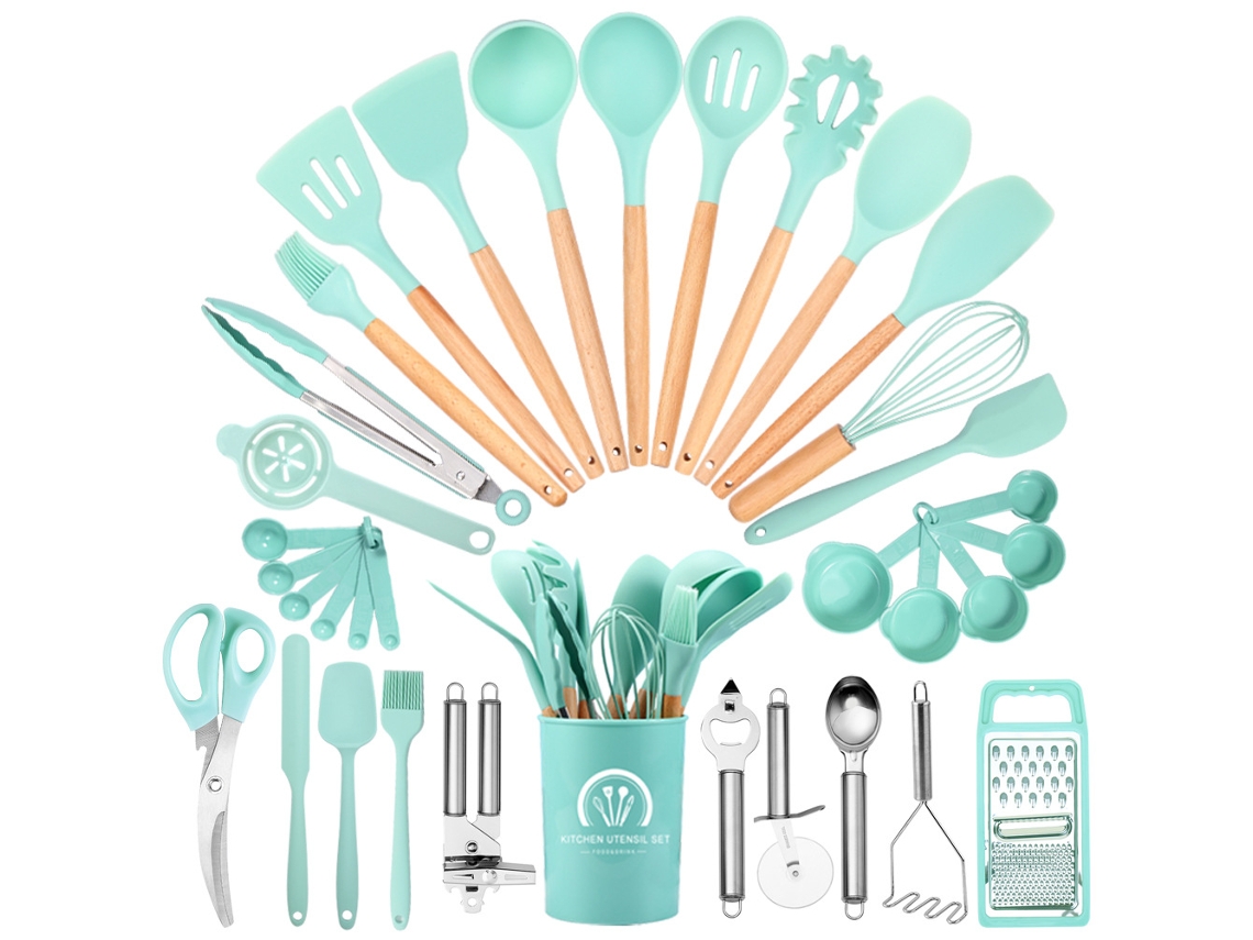 34 Piezas Utensilios de Cocina de Silicona Antiadherente con Soporte, Juego de Espátula con Soporte, Chrui (Verde Oscuro)